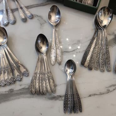 çay qaşığı: Qədimi melxyor destler Старинные мельхеровые столовые приборы ложки — 3