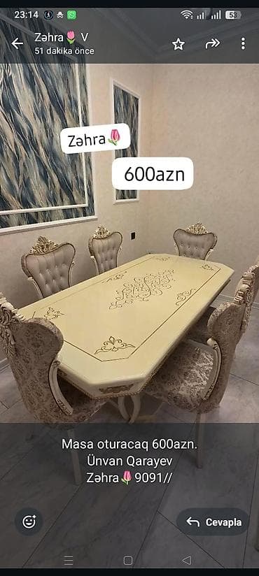 oturacaq stol: Masa oturacaq 600azn.
Ünvan Qarayev
Zəhra🌷9091// — 1