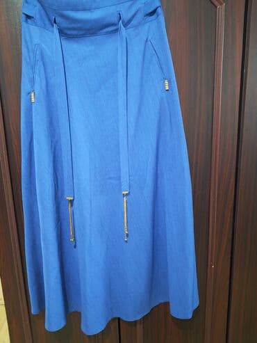 ciddi qadın ətəkləri: Mavi rəngli qadın ətəyi - A-kəsim, dizə yaxın uzunluq - Yüksək bel — 2