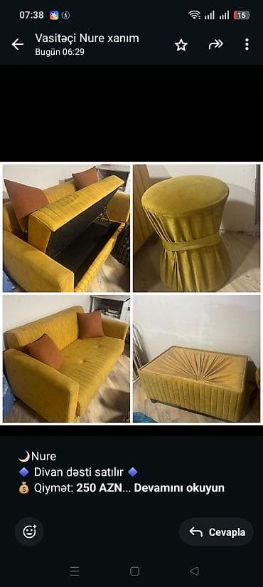 mebel satmaq: 🌙Nure 🔹 Divan dəsti satılır 🔹 💰 Qiymət: *250 AZN* (hamısı birlikdə) — 1