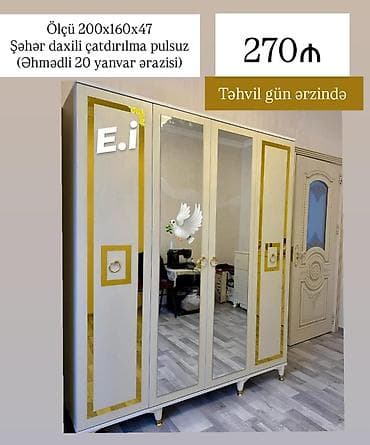 Yeni, 3 qapılı, Güzgülü, Ağ, Taxta, Açılan, Düz dolab