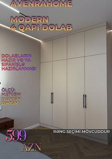 Düz dolab, Yataq otağı üçün, Paltar üçün, Açılan, Korpuslu, 4 qapılı