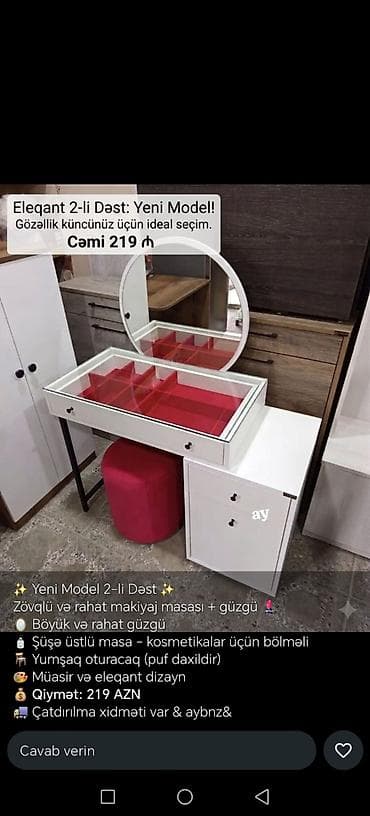 Yeni model 2-li dəst – makiyaj masası və güzgü - Böyük, dairəvi güzgü