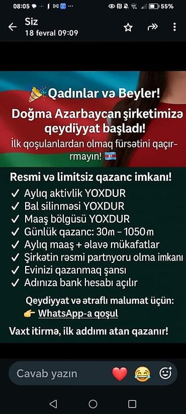 gunluk işler bakı: Qadınlar və bəylər üçün rəsmi əməkdaşlıq imkanı! Doğma Azərbaycan — 1
