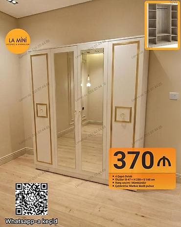 4 qapılı, Güzgülü, Ağ, Açılan, Düz dolab