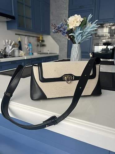 Qadın çantası – toxuma krem rəngli parça və qara dəri birləşməsi -