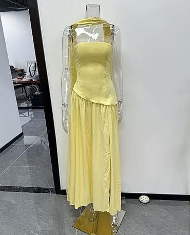 nike tech: Zərif sarı rəngdə uzun ziyafət donu - Model: çiyinbağı olmayan, boru — 3