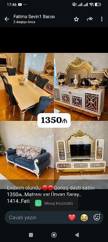 Endirim olundu 🛑🛑Qonaq dəsti satılır 1350₼. Matrası var.Ünvan Saray