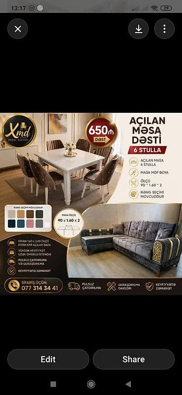 reception masa: Divan–Masa Dəsti – Künc divan: 1.60 x 2.60 ölçü, kitab kimi açılan — 3