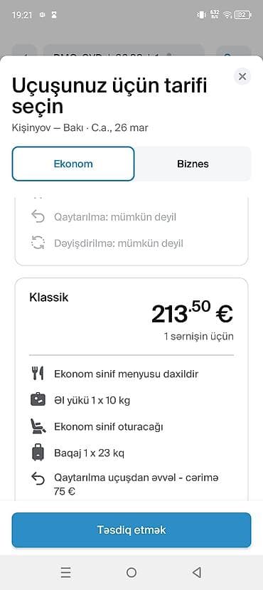 Turizm: Kişinyov – Bakı birbaşa uçuşu – Tarix: 26 mart (C.A.) – Reys: J2 — 2