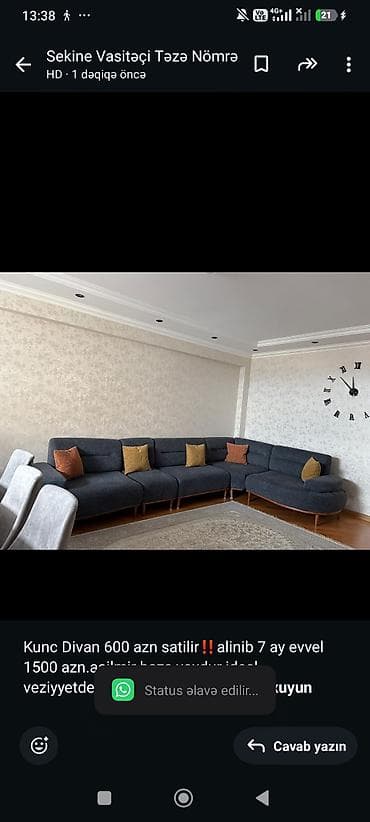 Kunc Divan 600 azn satilir‼️alinib 7 ay evvel 1500 azn.acilmir baza — 1