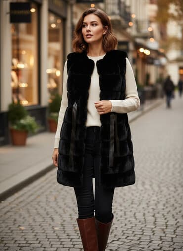 Qara süni xəz jilet - Model: qolsuz, uzun kəsimli jilet - Material