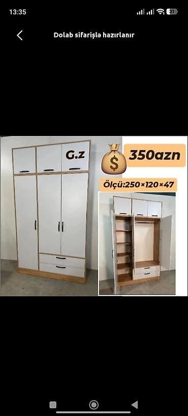 Düz dolab, Paltar üçün, Açılan, Korpuslu, 3 qapılı