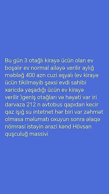 Kirayə verilir: Hövsan kəndi, Quşçuluq massivi. - 3 otaqlı ev, geniş — 1