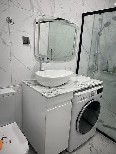Mərmər üstlü vannı otağı dolabı + lavabo komplekti - Üst səth