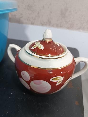 haçar dəsti: Çay dəsti, rəng - Qırmızı, Farfor, 5 nəfərlik, SSRİ — 4