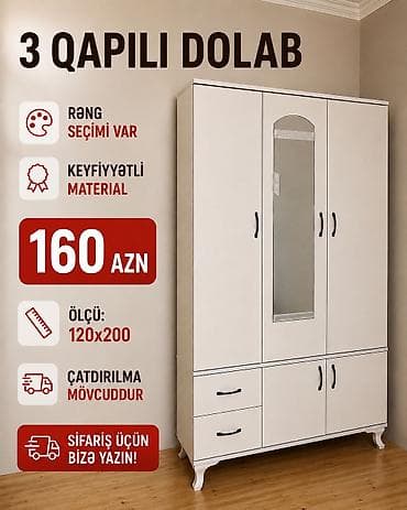 trimo: 3 qapılı paltar dolabı - Ölçü: 120×200 sm - Model: mərkəzdə güzgülü 3 — 1