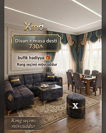 Divan + masa dəsti - Komplektə L‑şəkilli yumşaq künc divanı, 6 stullu lalafo.az -da Divan + masa dəsti - Komplektə L‑şəkilli yumşaq künc divanı, 6 stullu