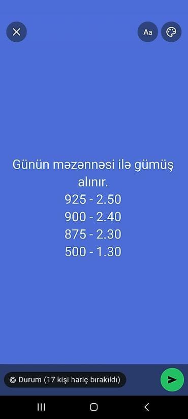 Toy paltarları və aksesuarları: Gümüş alışı – günün məzənnəsi ilə. Qəbul edilən əyarlar və tariflər — 1