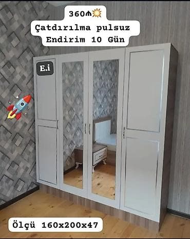 4 qapılı, Güzgülü, Ağ, Taxta, Açılan, Düz dolab