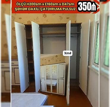 3 qapılı, Güzgülü, Ağ, Taxta, Açılan, Düz dolab