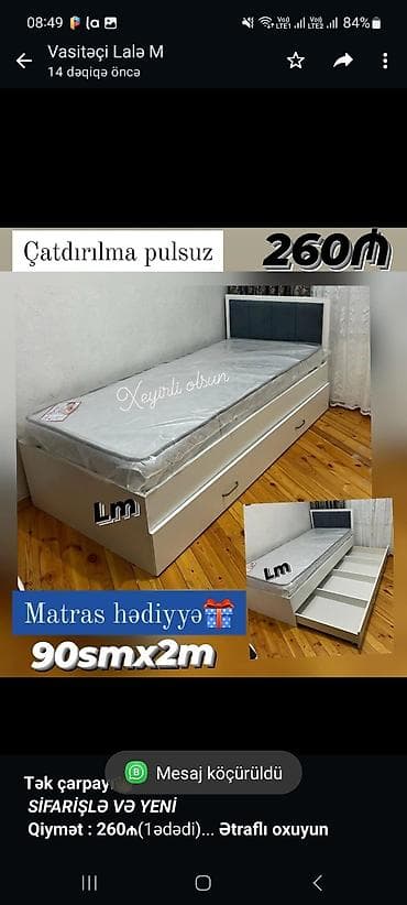 *Tək çarpayı*👑 _*SİFARİŞLƏ VƏ YENİ*_ *Qiymət : 260₼*(1ədədi) Ölçü  — 1