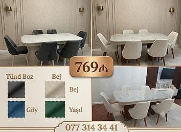 divanlar künc: Mərmər naxışlı yemək masası və 6 ədəd stul dəsti - Masa — 1