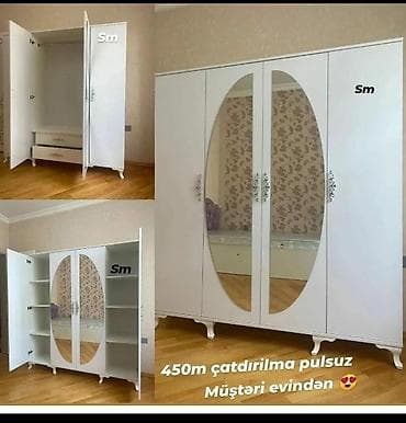 Mebel: Ağ rəngdə 4 qapılı şkaf – klassik dizayn, oval güzgülü ön panel. - — 1