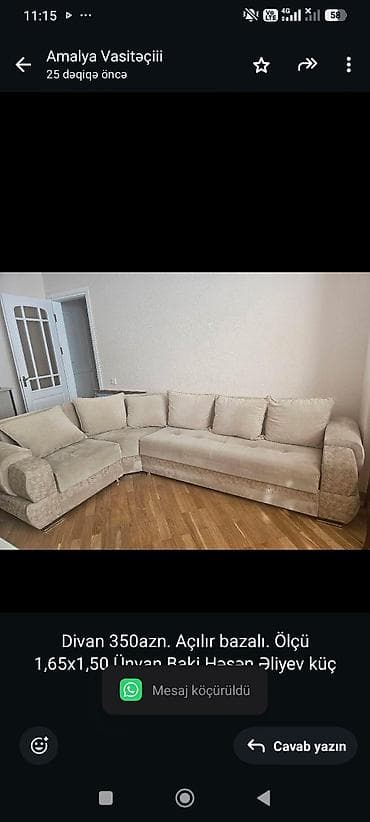 Диваны: Divan 350azn. Açılır bazalı. Ölçü 1,65x1,50 Ünvan Baki Həsən Əliyev — 1