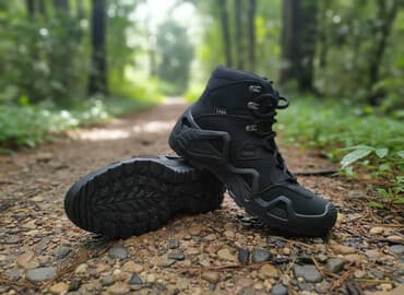 Qara rəngdə möhkəm və rahat hikinq botları. Bu botlar açıq hava
