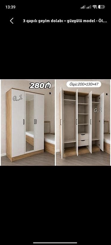 gen: 3 qapılı geyim dolabı – güzgülü model - Ölçü: 200 × 130 × 47 sm - — 1
