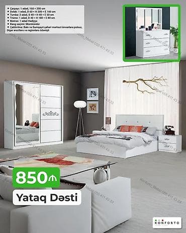 Yataq Dəsti – 850 ₼ Komplektin tərkibi və ölçülər: - Çarpayı: 1 ədəd — 1