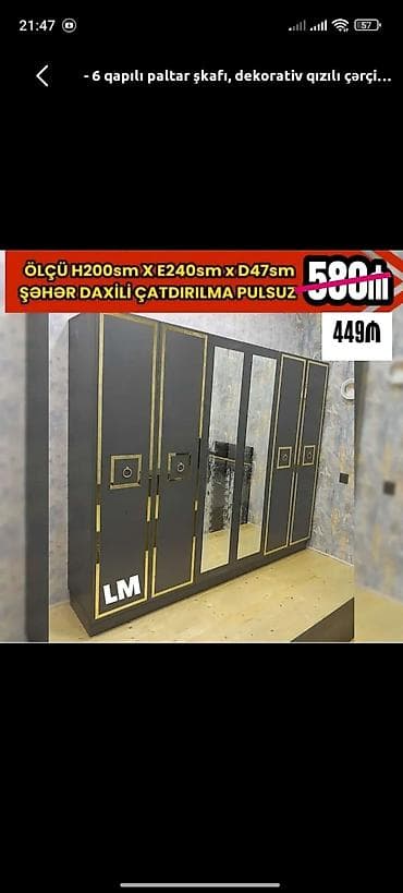 Yeni, 6 qapı, Güzgülü, Açılan, Düz dolab lalafo.az -da Yeni, 6 qapı, Güzgülü, Açılan, Düz dolab