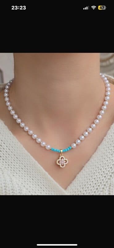 qızıl suyuna çəkilmiş sırğalar: İnci boyunbağı – müxtəlif asqılı dizaynlar - Material: ağ rəngli — 3