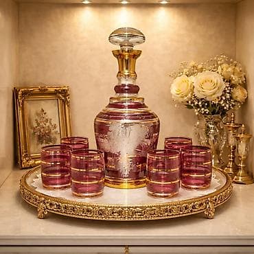 Şüşə içki dəsti (1 qrafin + 6 stəkan) Zərif naxışlı, bənövşəyi-qızılı