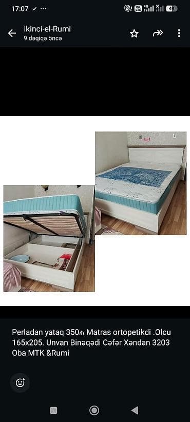 cəftə: Perladan yataq 350₼ Matras ortopetikdi .Olcu 165x205. Unvan Binəqədi — 1