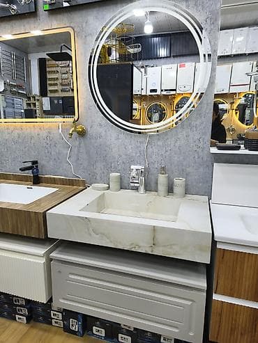 Ремонт и строительство: Dairəvi işıqlı güzgü və mərmər naxışlı hamam lavabosu dəsti - Güzgü — 1