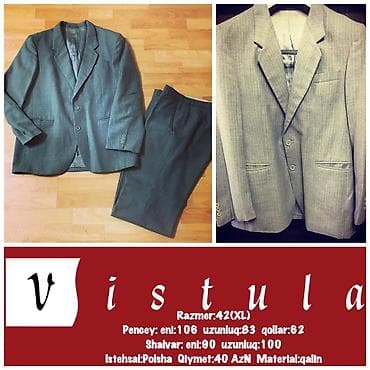 Kostyum 42(Xl) bedene uygundi material qalin, boz rengdedi, ela