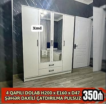 ag qapi: 4 qapılı geyim dolabı – ağ rəngdə, müasir dizayn. Ölçülər: H200 x E160 — 1
