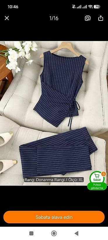 Dəst: qadın üçün zolaqlı iki hissə Rəng: donanma (tünd göy) Ölçü: m