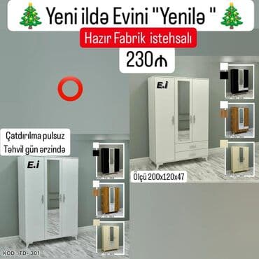 Dolablar: Yeni, Açılan, 3 qapılı Düz dolab, Qarderob, paltar dolabı — 1