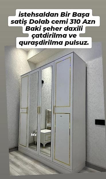 Yeni, 4 qapılı, Güzgülü, Ağ, Açılan, Düz dolab