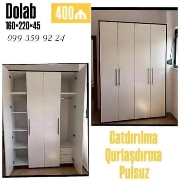 Dördkapılı geyim dolabı Ölçülər: 160 × 220 × 45 sm Rəng: ağ (qəhvəyi