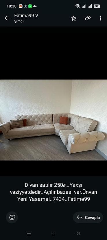 divanllar: Divan satılır 250₼. Yaxşı vəziyyətdədir. Açılır bazası var.Ünvan Yeni — 1