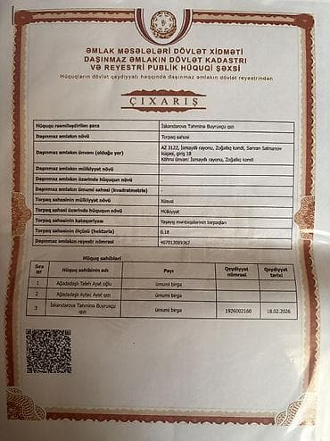 torpaq satilir kreditle: 13 sot, Tikinti, Mülkiyyətçi, Kupça (Çıxarış) — 2