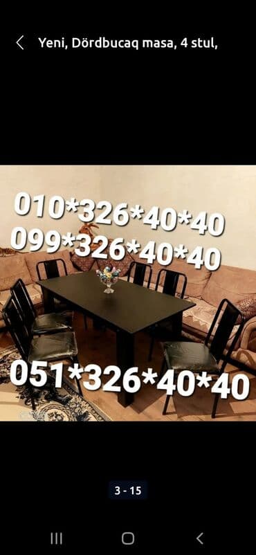 Masa və oturacaq dəstləri: Qonaq otağı üçün, Yeni, Dördbucaq masa, 4 stul — 8