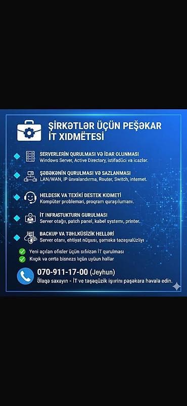 💼 Şirkətlər üçün Peşəkar İT Xidmətləri 🔹 Serverlərin qurulması və