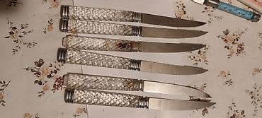 bicaq kepenek: Vintage metal çərçivəli oval servis qabı + 6 ədəd bıçaq dəsti - — 3