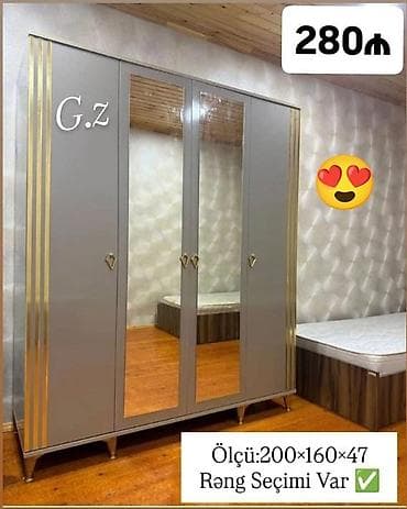 Yeni, 4 qapılı, Güzgülü, Digər rəng, Digər material, Açılan, Düz dolab