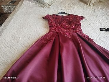 kiraye ziyafet geyimleri: Bordo rəngdə zərif ziyafət/libas - Parça: parlaq atlas teksturası — 7
